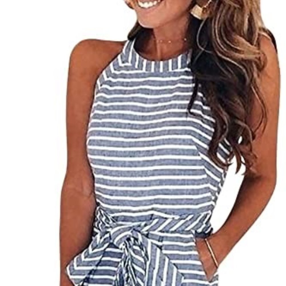 Striped loose leg jumpsuit romper with pockets